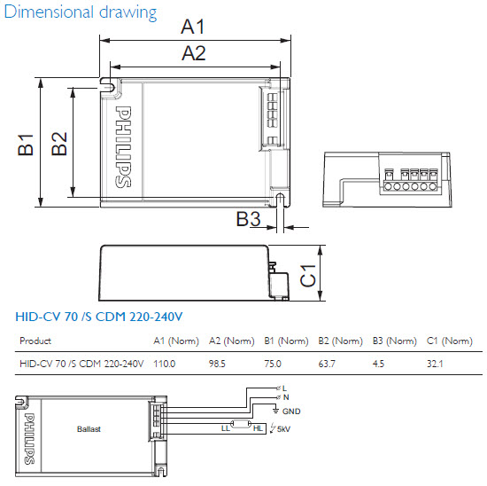 Thông số kỹ thuật Ballast điện từ đèn cao áp Philips CDM 70W